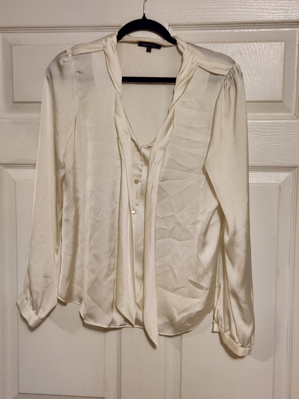 Anne Klein Cream Satin Long-Sleeve Tie-Neck Blouse